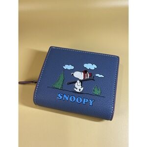 Coach x Peanuts Snap Small Wallet with Snoopy Ski Winter Blue Zip